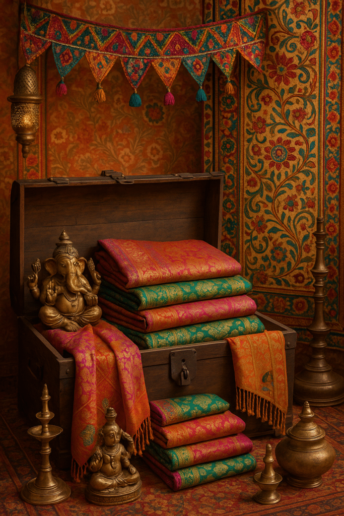 AI generated hyper-realistic visualization of Indian grandma’s trunk. It's full of Banarasi sarees, brass artifacts, multicolour torans, hand-embroidered tapestries, and ancient lamps.