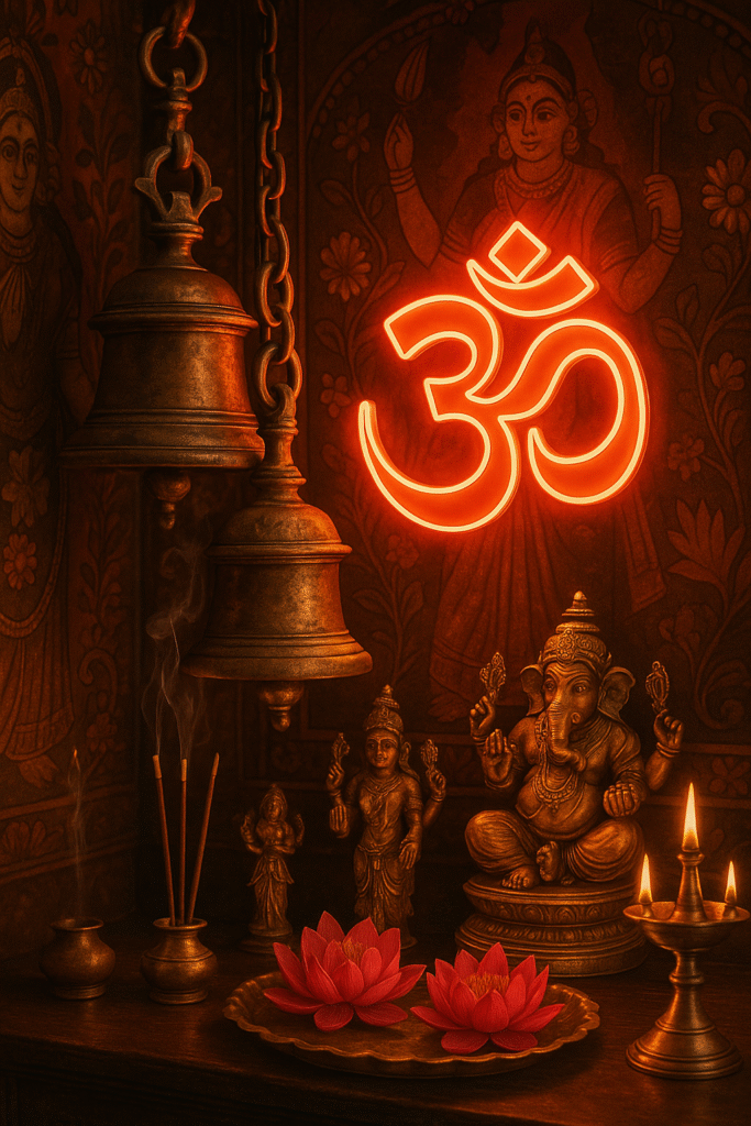 AI generated hyper-realistic visualization of antique temple bells with a bold neon sign