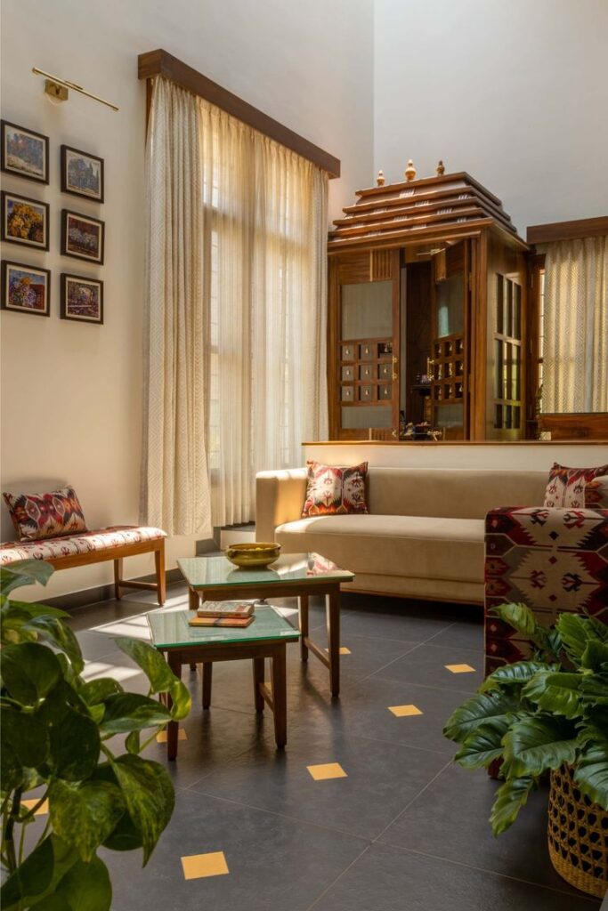 Multifunctional space including pooja room in the living space.