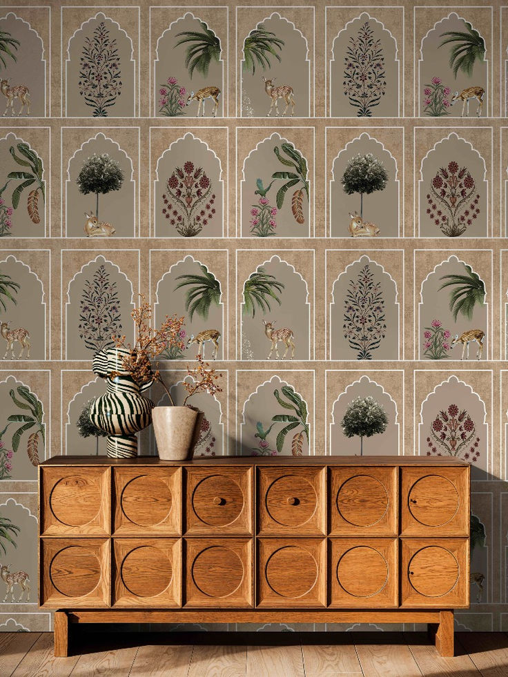 Floral wallpaper next to a hand-painted mural