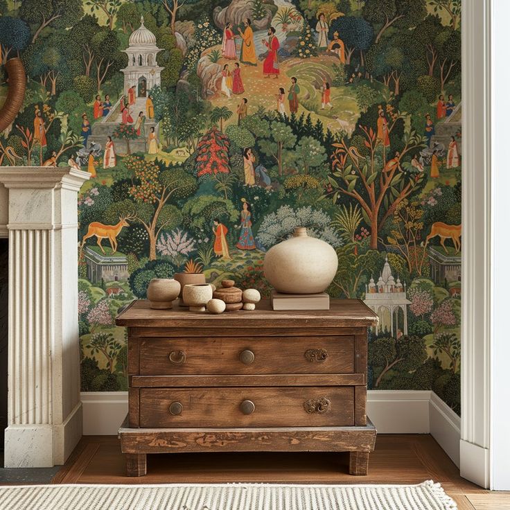 Indian traditional painting with vibrant representation of Shri Krishna ruled Dwarka as wallpaper for indian maximalist look